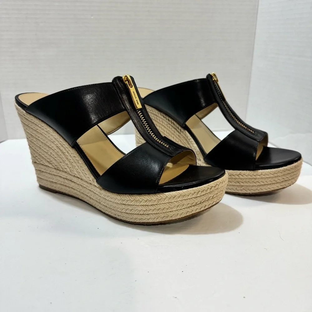 MICHAEL Michael‎ Kors Black Leather Wedges with Tan Espadrille